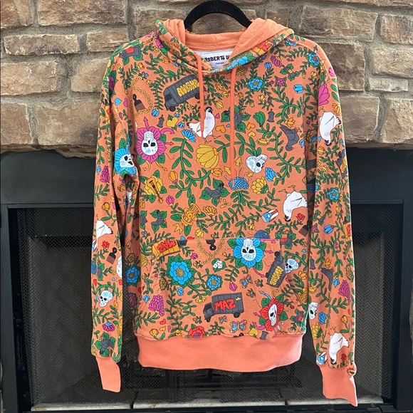 Tops - Orange hoodie with skull, dice, dove graphics with pockets. Small